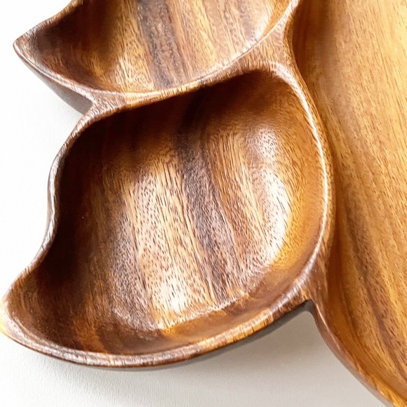 Leaf Carved Tray Monkey Pod Woods of Hawaii 3 Section Divided Serving Dish Vtg - Picture 4 of 10